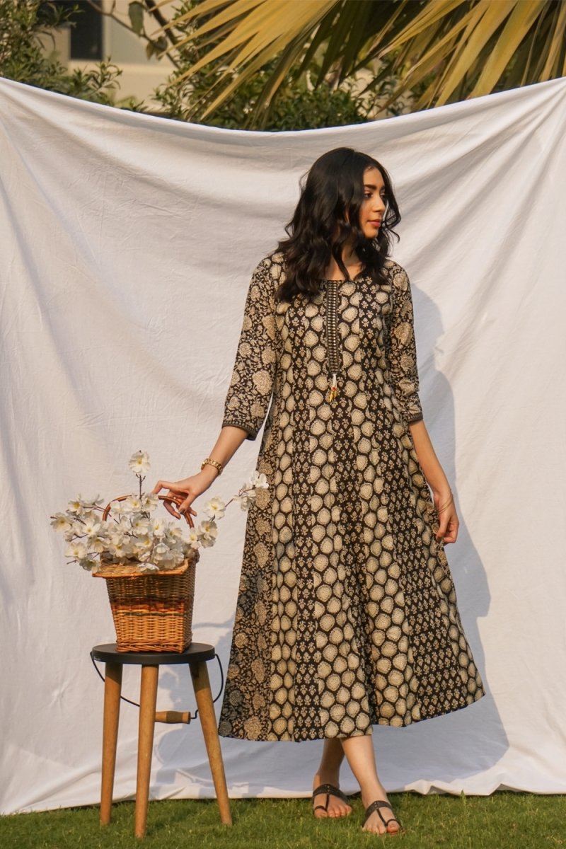 Elegant Ajrakh Block Printed long Aline Kurta Dress - Payal