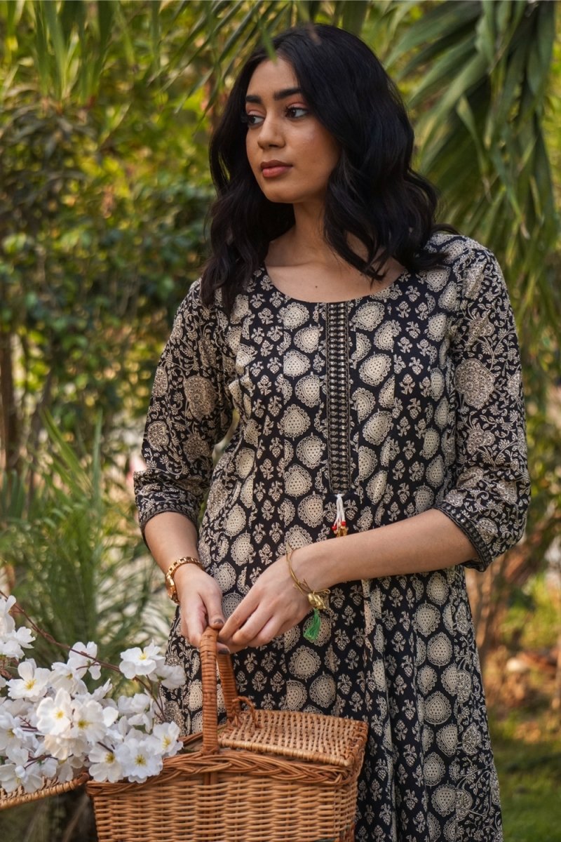 Elegant Ajrakh Block Printed long Aline Kurta Dress - Payal
