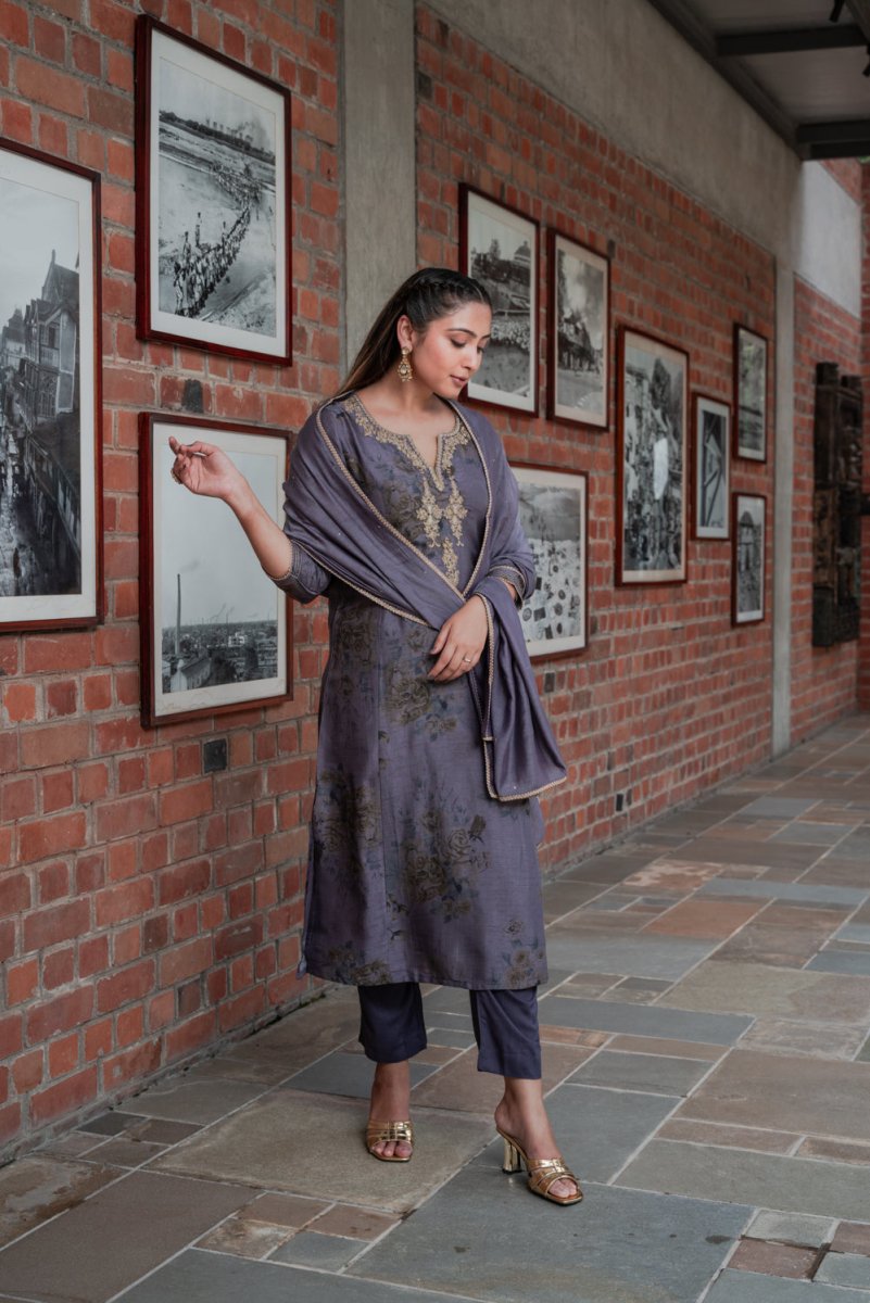 Grey Dola Silk Printed Suit Set - Payal