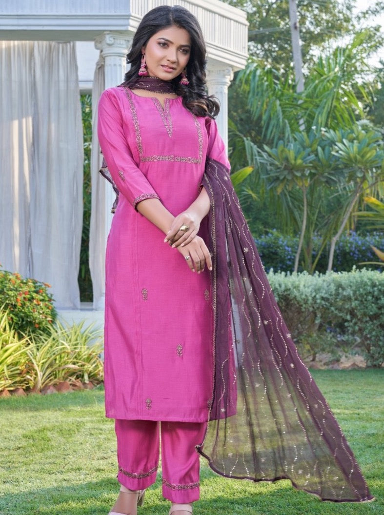 Magenta Chanderi Straight Party Wear Suit Set - Payal