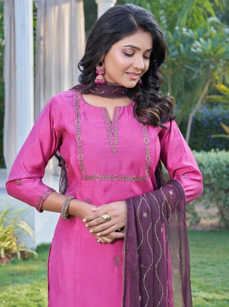 Magenta Chanderi Straight Party Wear Suit Set - Payal