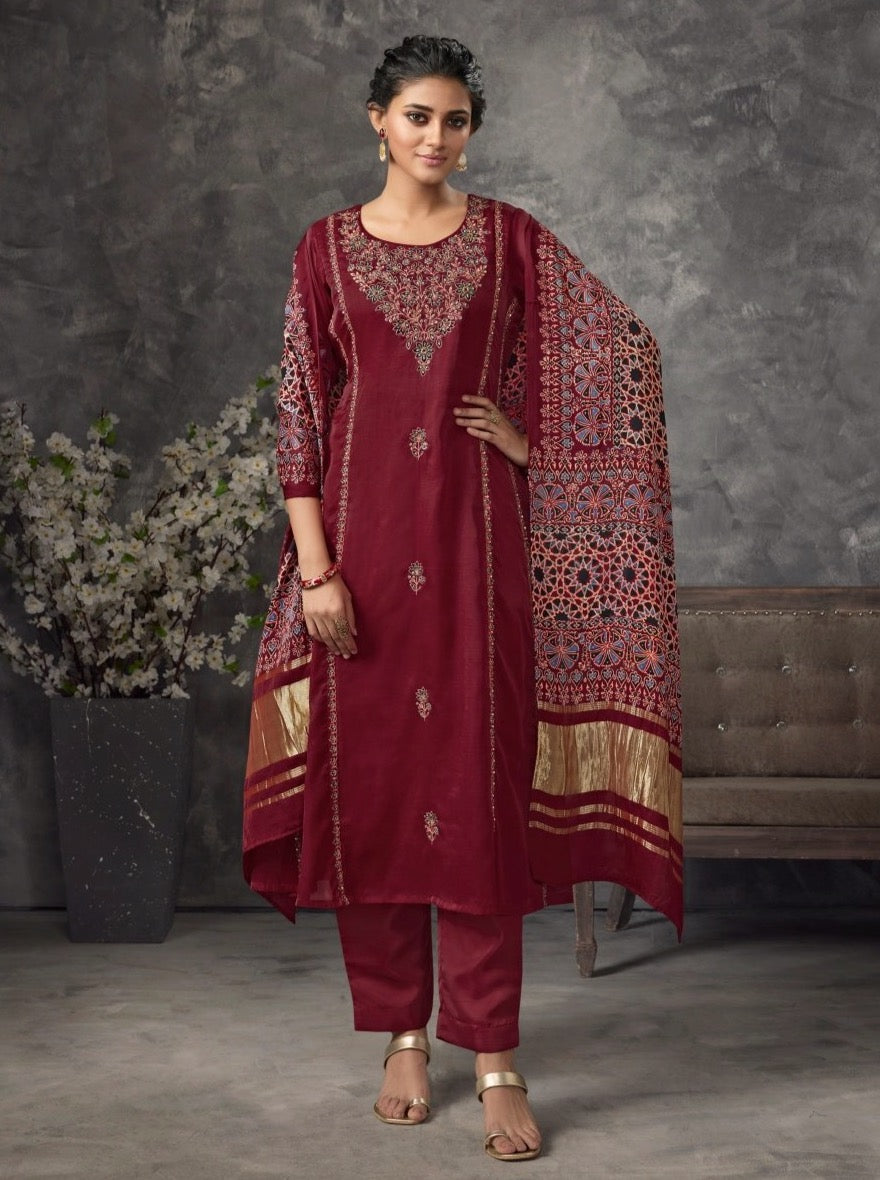 Maroon Silk Flair Suit Set - Payal