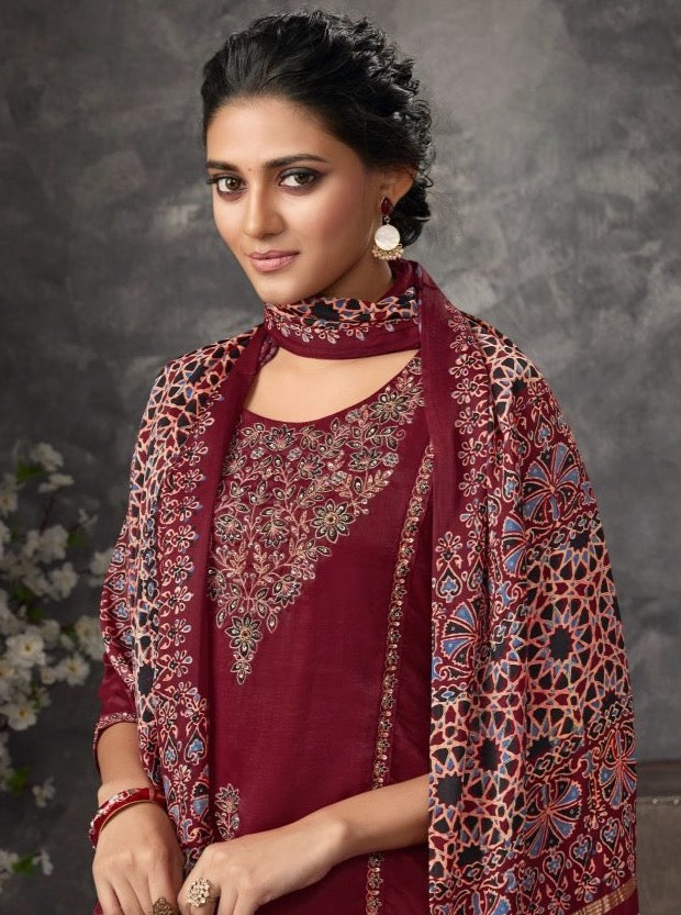 Maroon Silk Flair Suit Set - Payal