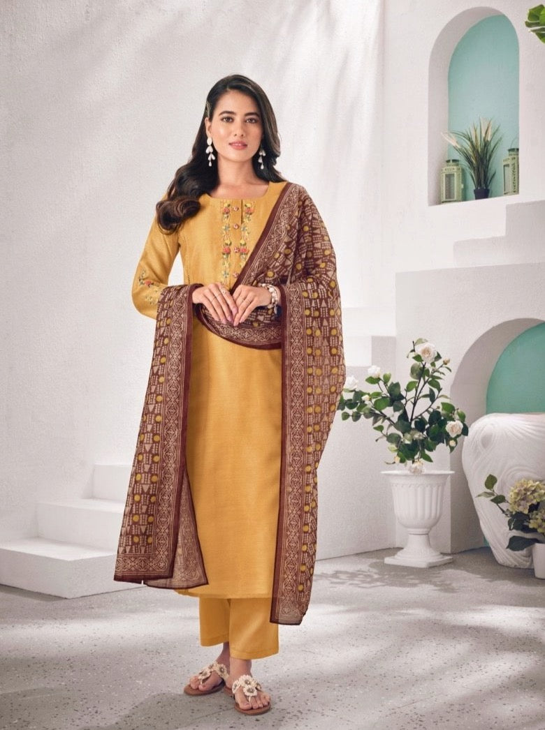 Mustard Muslin Straight Cut Suit Set - Payal