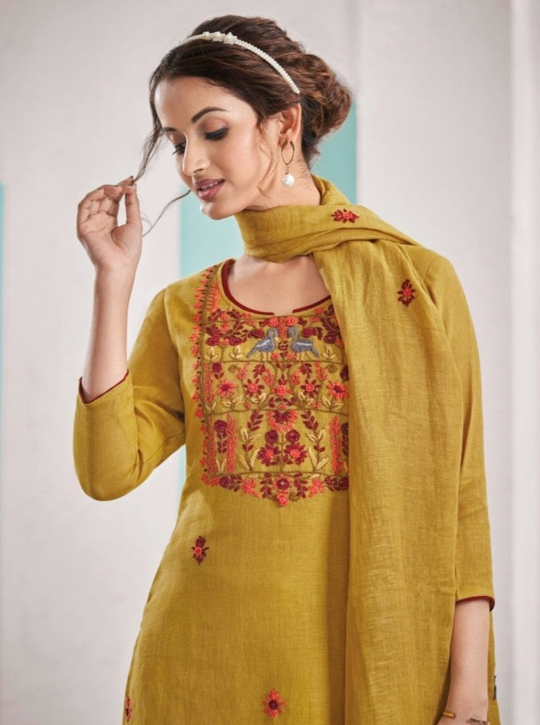 Mustard yellow linen Suit Set with handwork - Payal