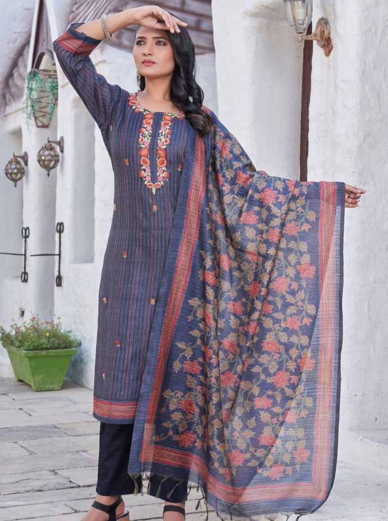 Navy Blue Art Silk Straight Suit Set - Payal