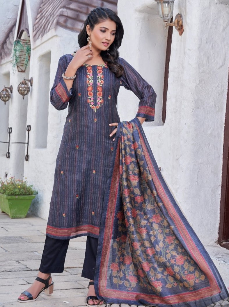 Navy Blue Art Silk Straight Suit Set - Payal