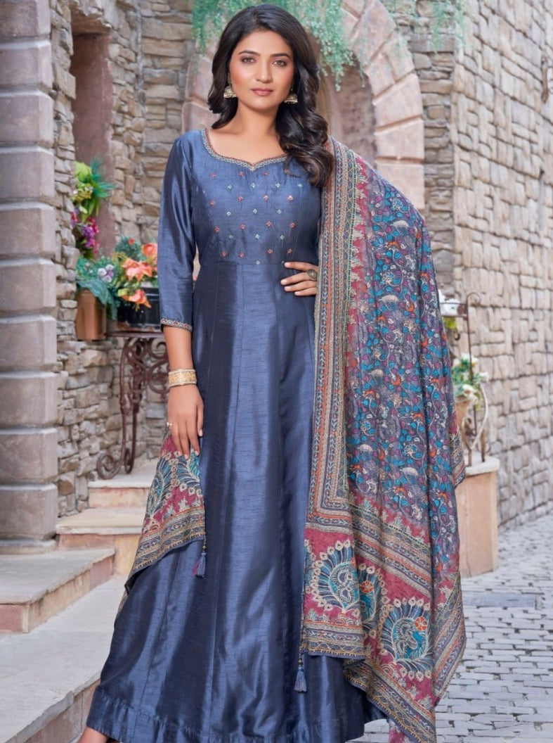 Navy Blue Dola Silk Anarkali Gown With Dupatta - Payal