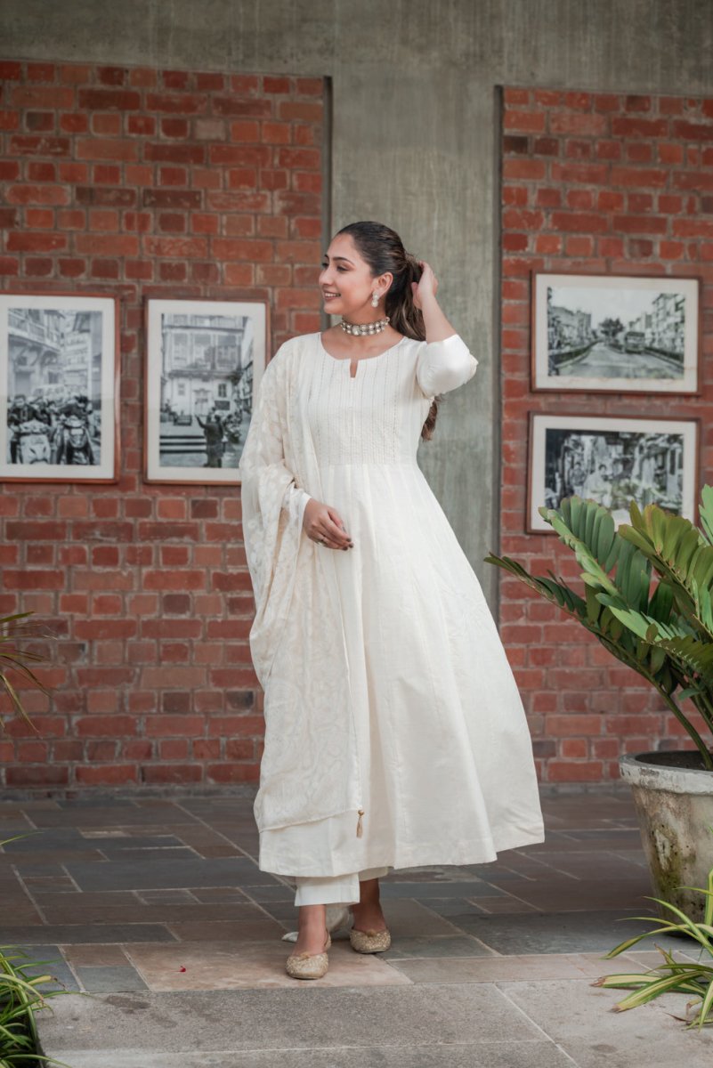 Off White Cotton flared Suit Set - Payal