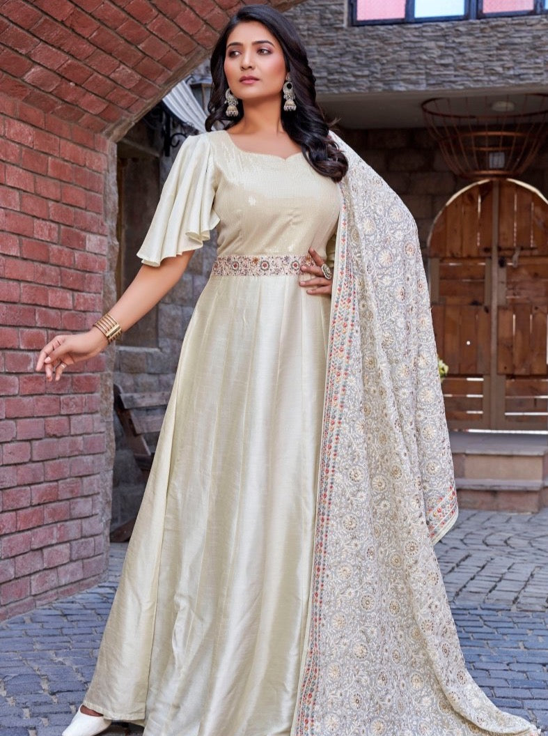Off-White Muslin Festive Flared Gown Set - Payal