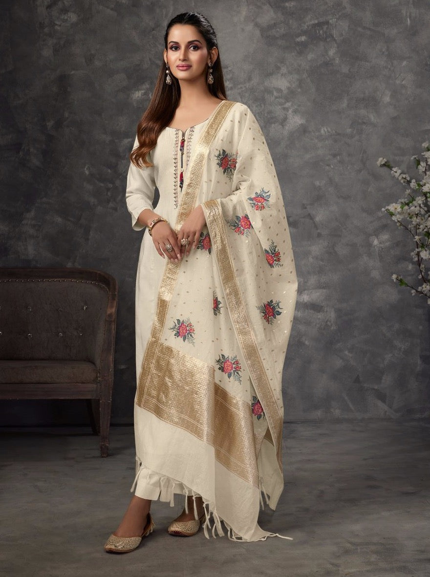 Off White Row Silk Aline Suit Set - Payal