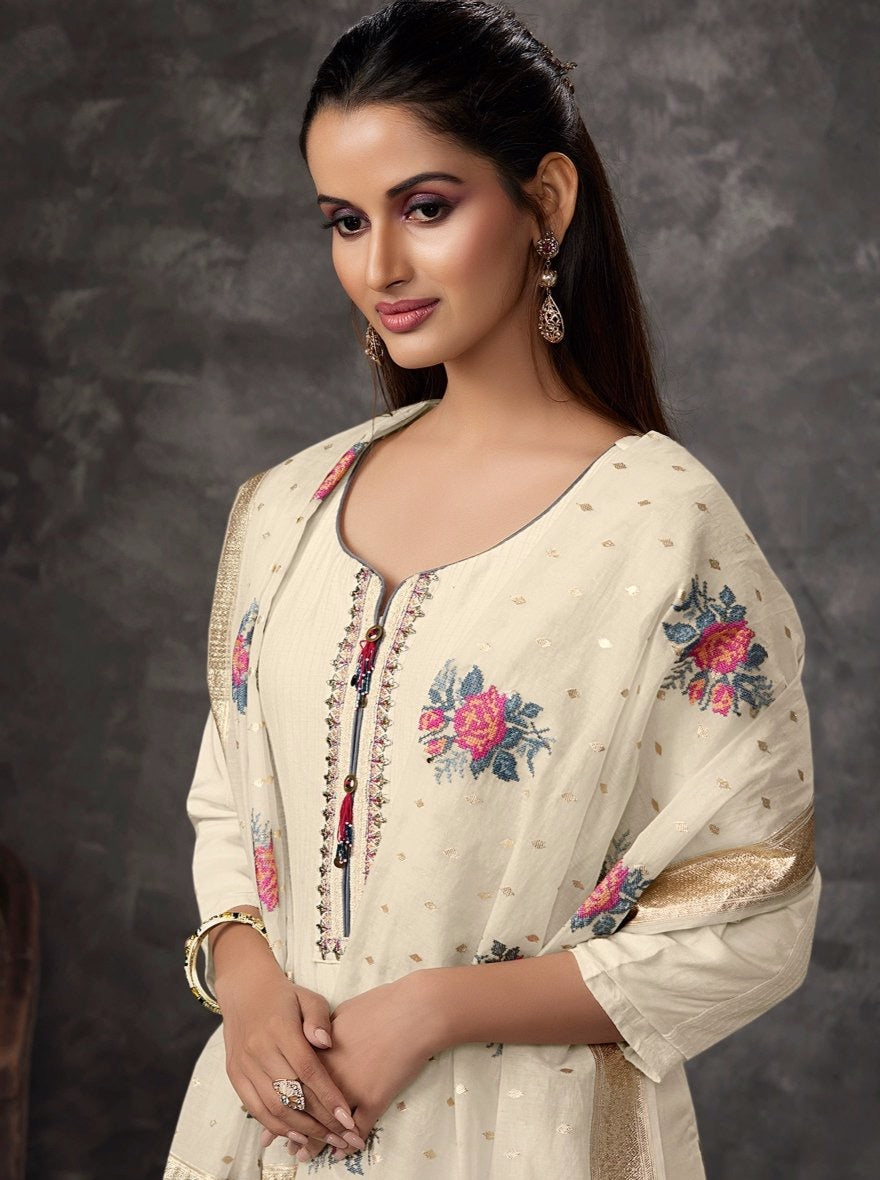 Off White Row Silk Aline Suit Set - Payal