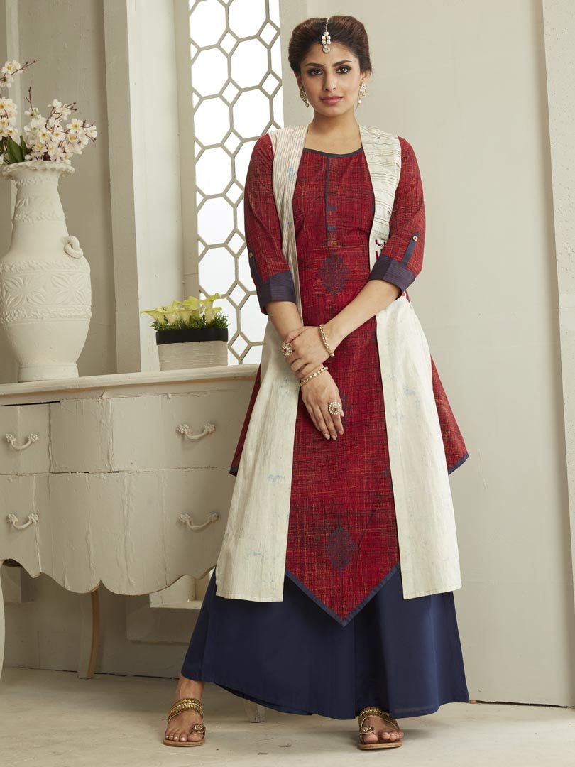 Payal Designer Party Wear Kurta Suit Maroon Cotton Aline Smart Look Stitched Palazzo Suit With Separate Jacket - Payal