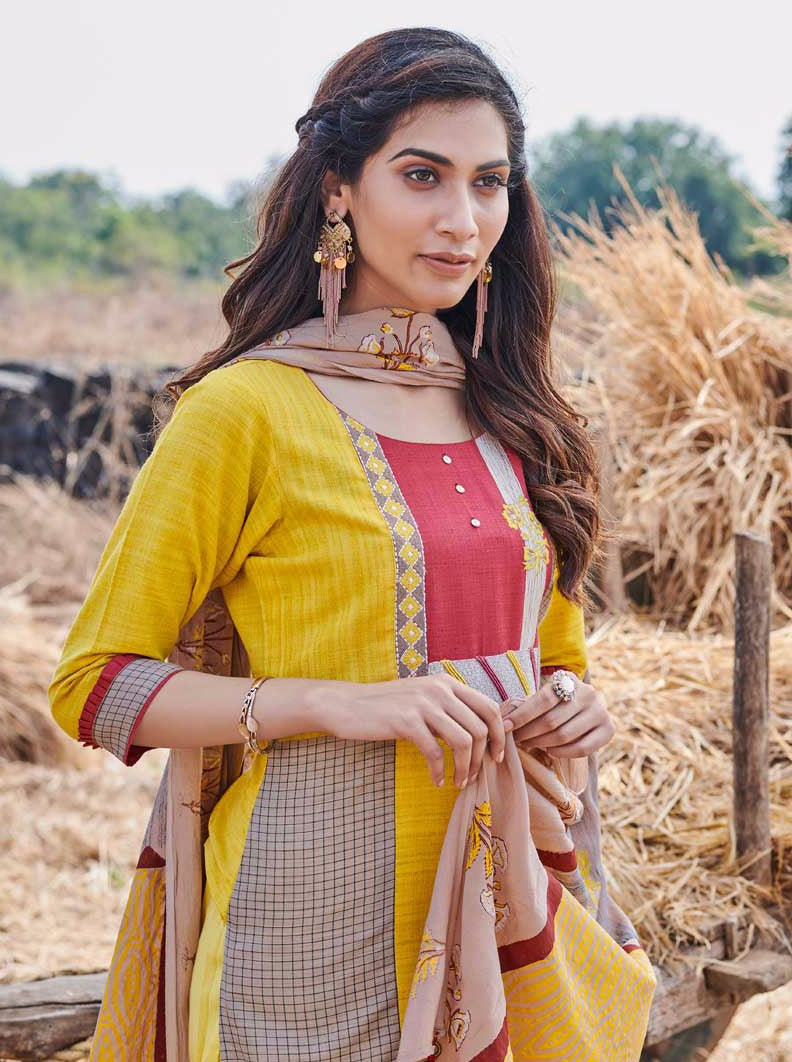 Yellow and blue cotton kurti with beautiful Kantha work. Trims look so  trendy. | Fashion dresses, Cotton kurti designs, Clothes for women