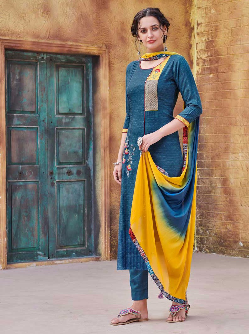 Payal Designer Straight Cut Different Look 3-4 Sleeve Resham Work Casual Ethnic Wear Online Pent Suit - Payal