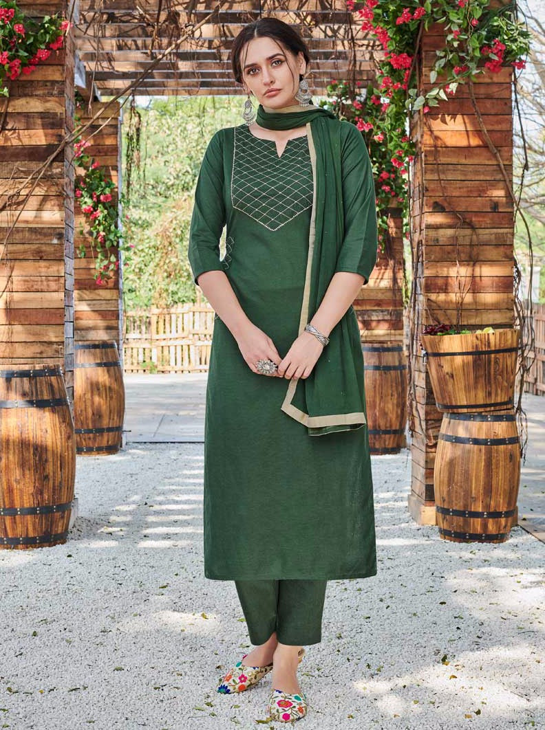 Payal Designer Straight Cut Smart Look 3-4 Sleeve Ethnic Wear Green Colour Online Pent Suit - Payal