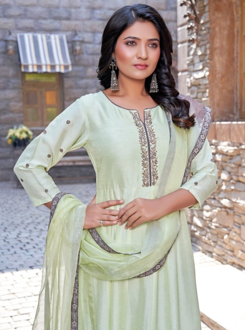 Pista Green & Grey Dola Silk Anarkali Gown With Dupatta - Payal