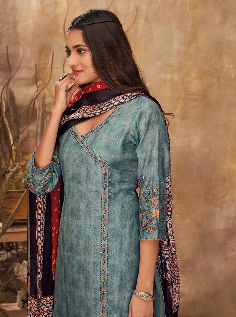 Rama Blue Silk Embroidered suit set - Payal