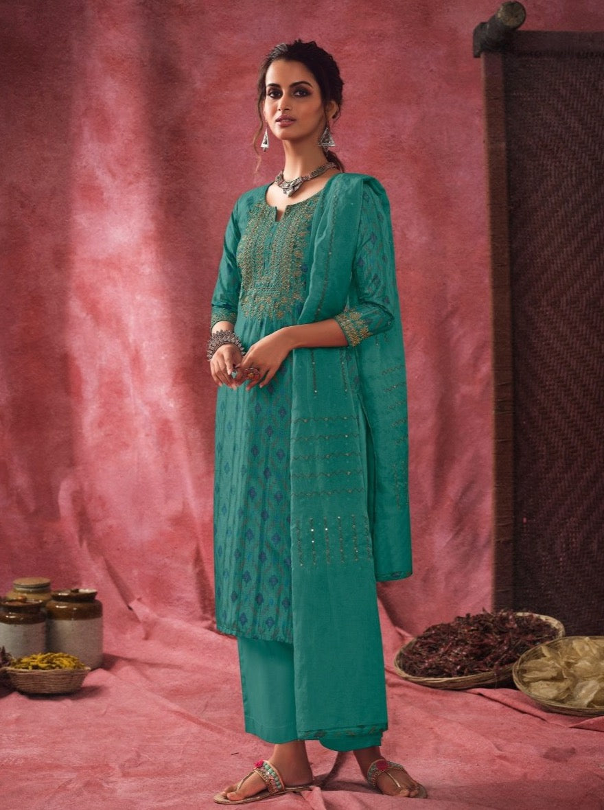 Rama green Chanderi Slub Casual Suit Set - Payal
