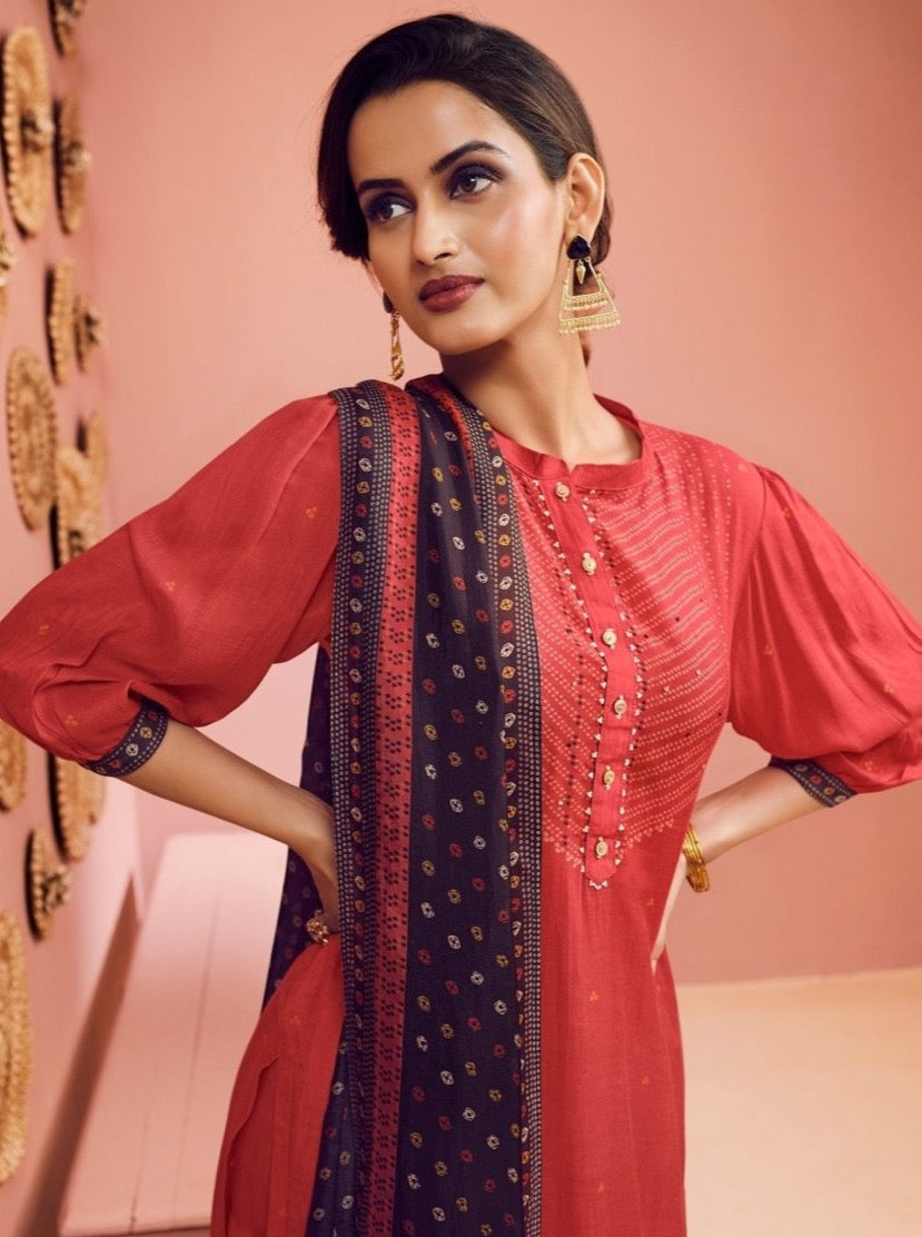 Red Muslin Straight Cut Suit Set - Payal
