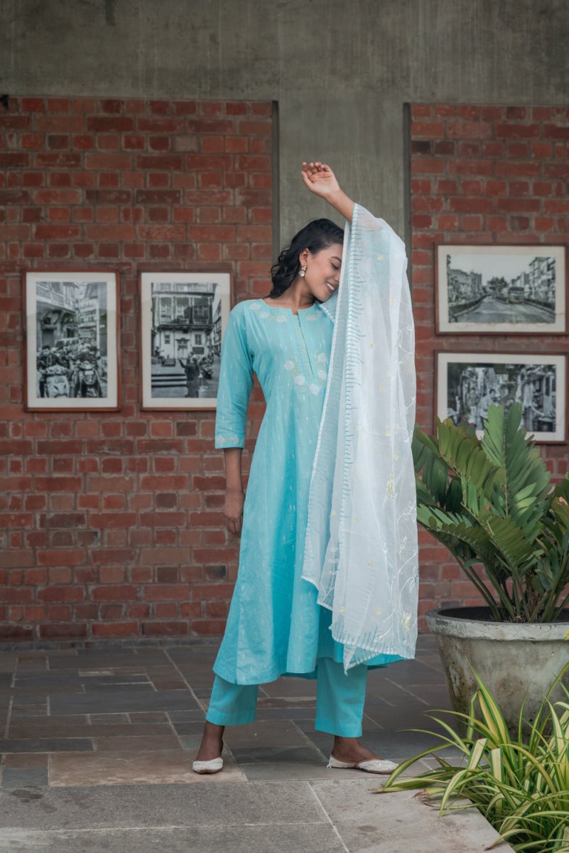 Sky Blue Cotton Silk Suit Set - Payal