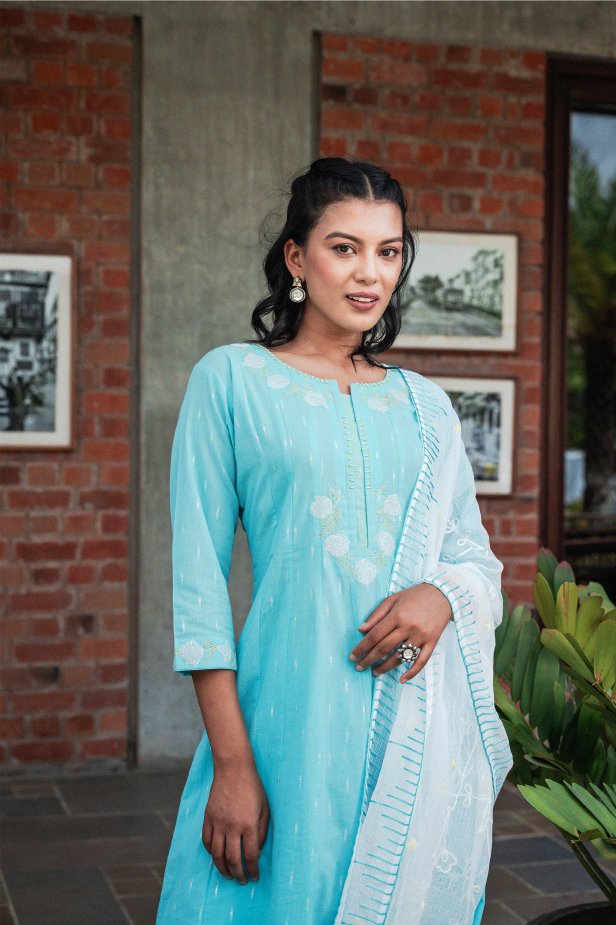 Sky Blue Cotton Silk Suit Set - Payal