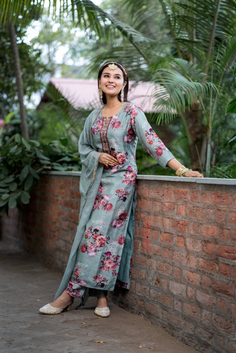 Teal Blue Viscose Cotton Suit Set - Payal