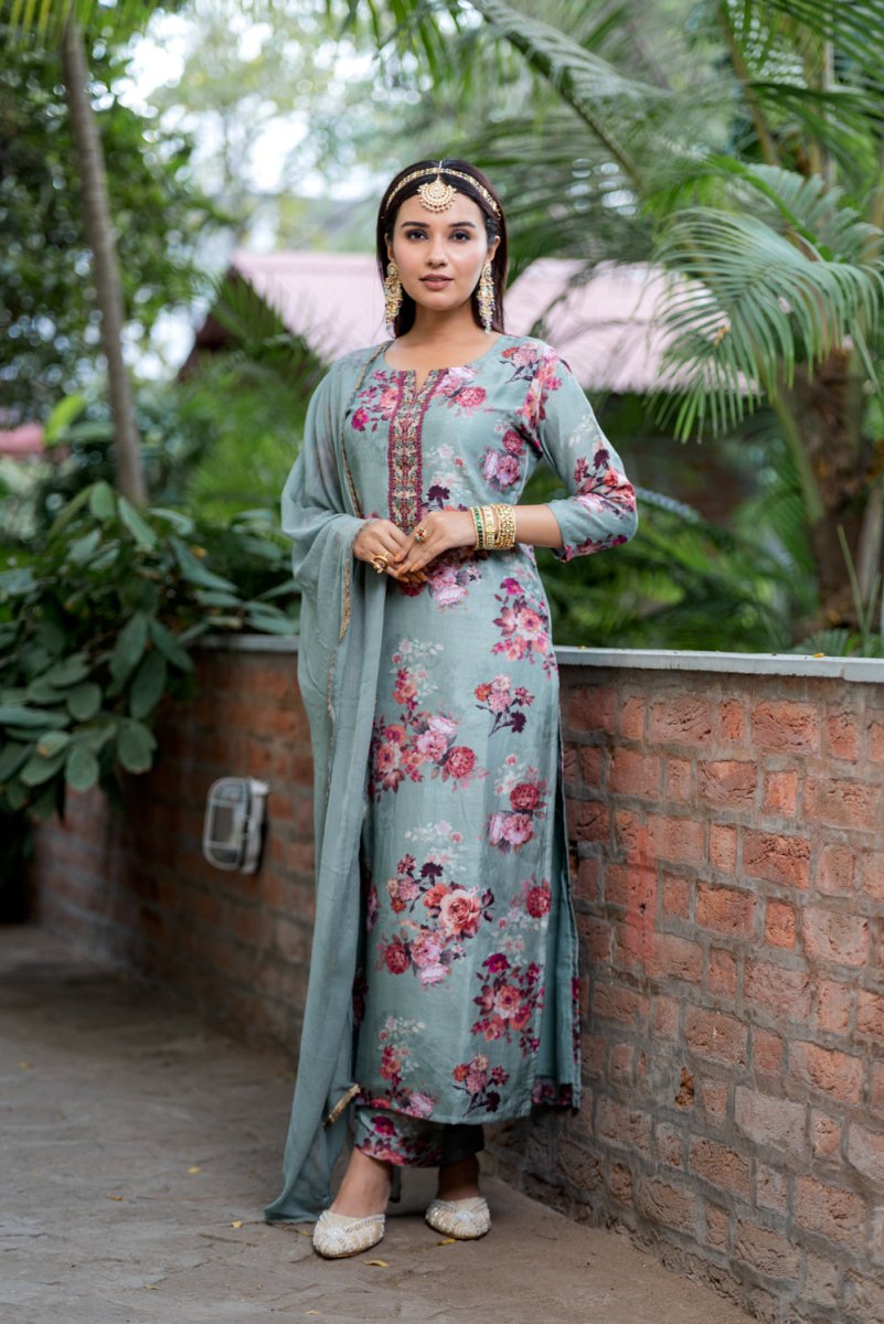 Teal Blue Viscose Cotton Suit Set - Payal