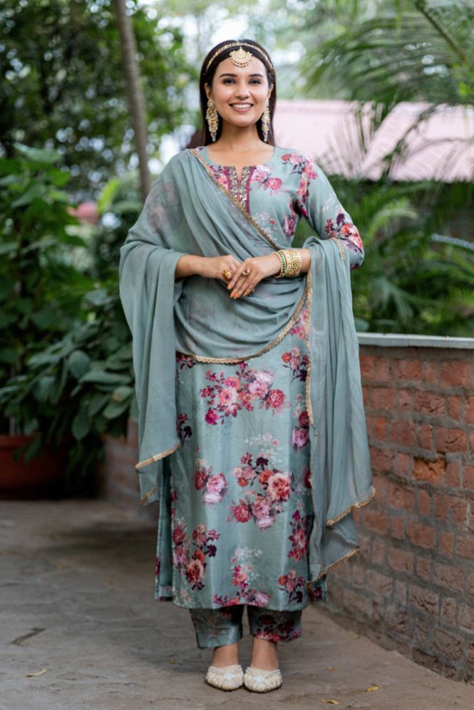 Teal Blue Viscose Cotton Suit Set - Payal