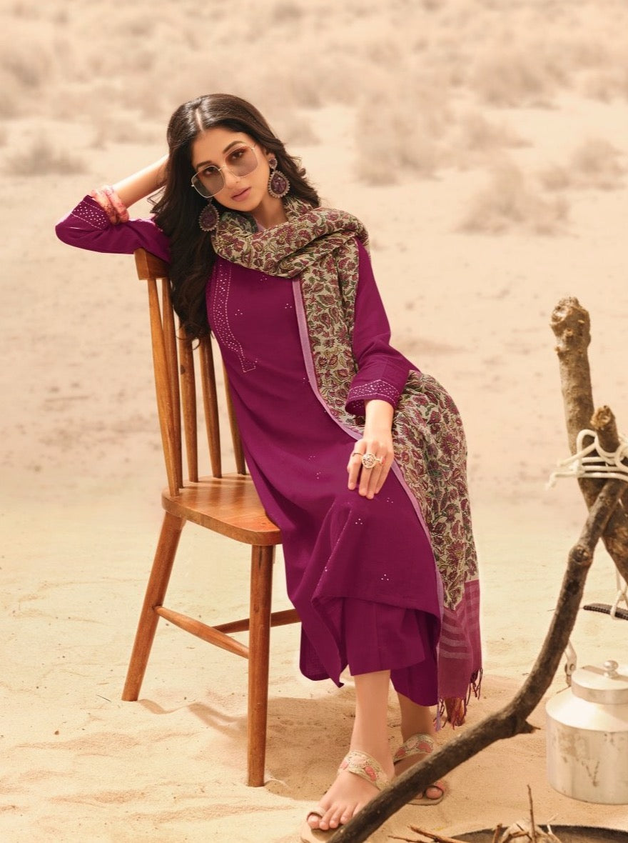 Wine Flax A-line Casual Suit Set - Payal