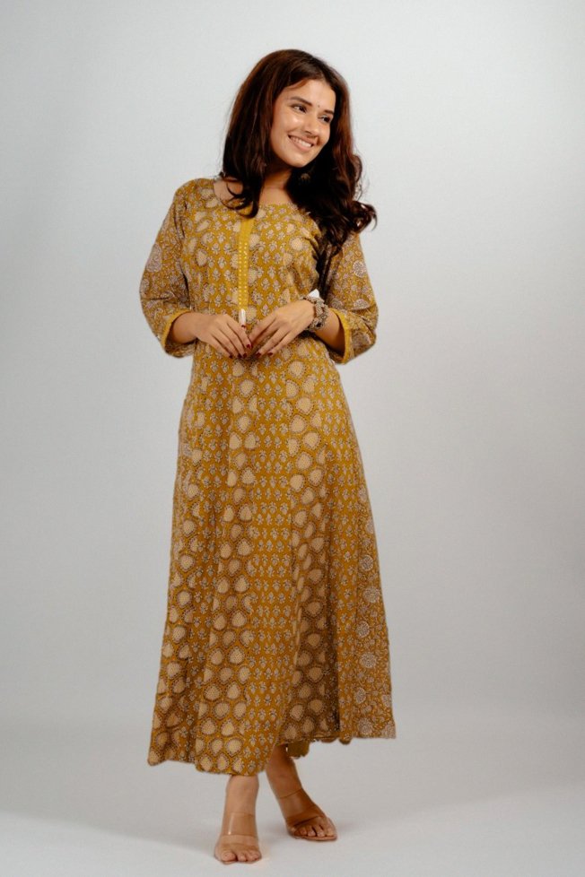 WOK Elegant Ajrakh Block Printed long Aline Kurta Dress - Payal