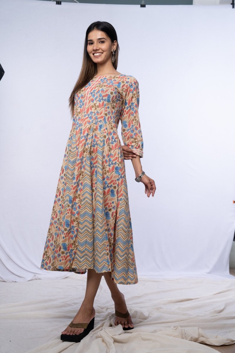 WOK Jaipuri Printed Flared Kurti Dress - Payal