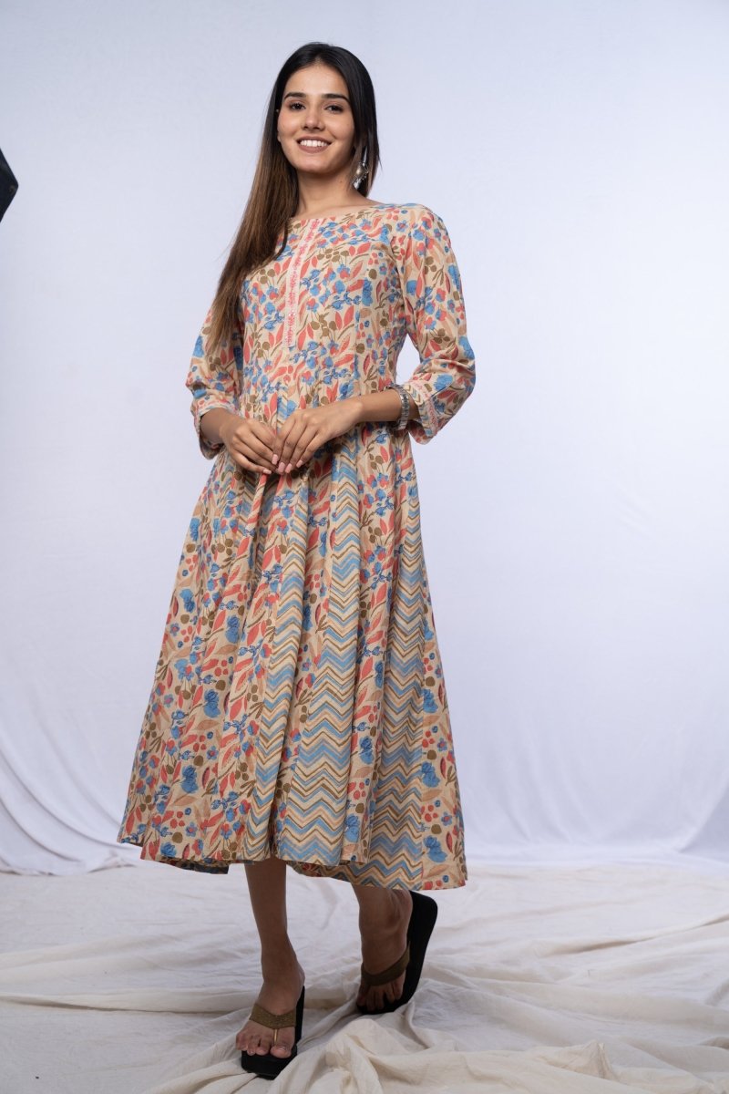 WOK Jaipuri Printed Flared Kurti Dress - Payal