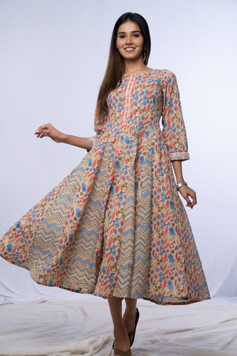 WOK Jaipuri Printed Flared Kurti Dress - Payal