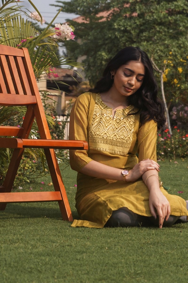 Yellow Embroidered Straight Kurta - Payal