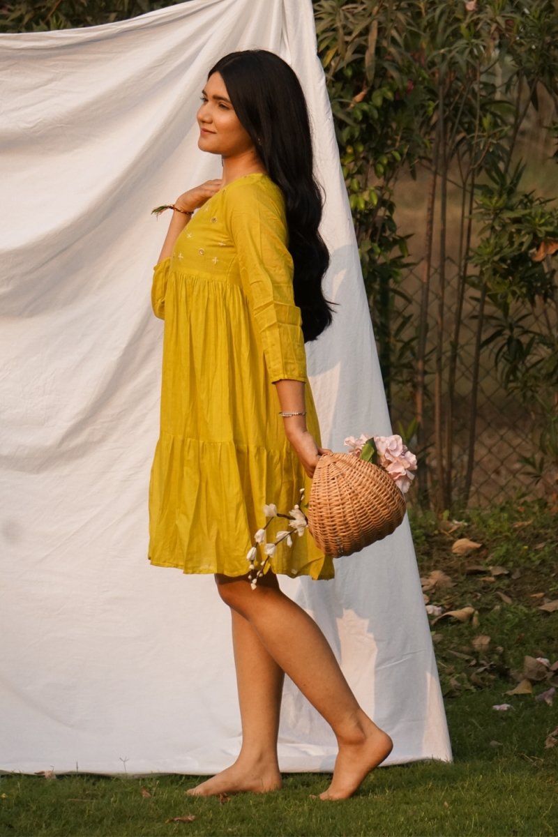 Yellow Mul Cotton Flared Kurti Dress - Payal